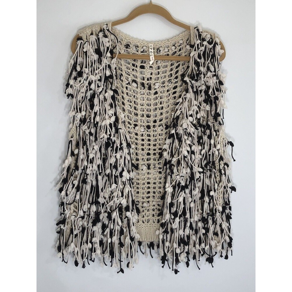 Pol Women Open Vest M Ivory/Black Pom Poms Shaggy Boho Art to Wear Festival